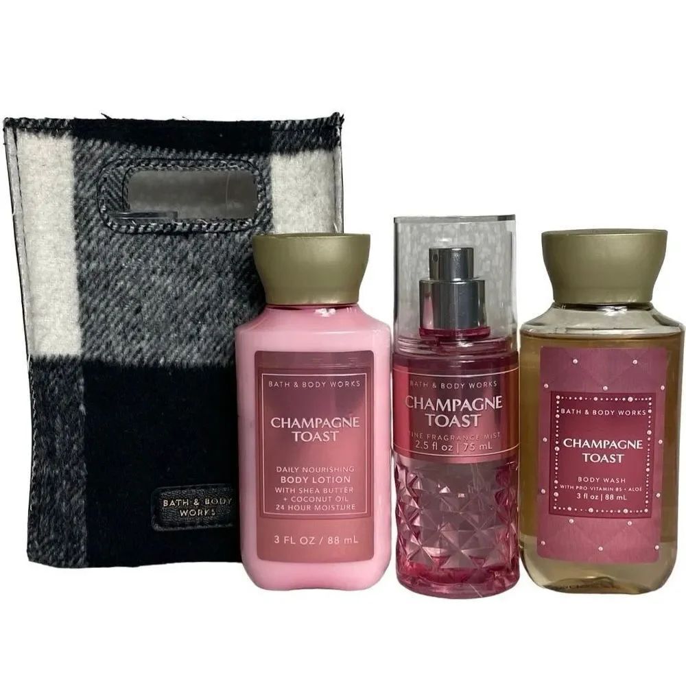 Bath and Body Works CHAMPAGNE TOAST 3PC Travel Set With Black/White Plaid Gift